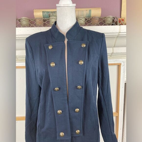 Tommy Hilfiger navy military style open blazer w/pockets and embossed buttons - Picture 2 of 10